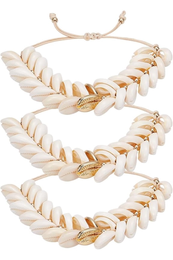 3pcs Puka Shell Anklet Shell Bracelets Beach Cowrie Pooka Bracelets Charm Women Adjustable Seashell Bracelet Summer Sea Beach Bracelet Jewelry Costume for Women Antique Silver