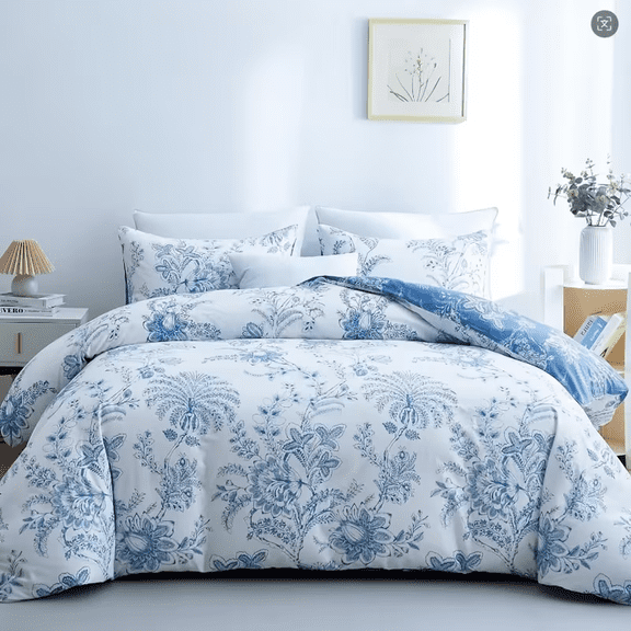 3pcs Queen Boho Comforter Sets, Soft Floral Comforter Set White And Blue, Easy Care, Bed In A Bag For All Seasons, Breathable, Lightweight Quilt.