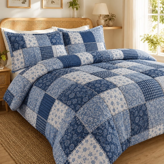 3pcs Queen Country-style Patchwork Quilt Set With Quilted Check Design, Machine Washable,Available In Multiple Colors And Sizes