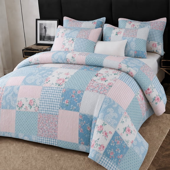 3pcs Queen Lightweight Floral Patchwork Bedding Set, Quilted Bedspread,Blue And Pink Checkered Patterns
