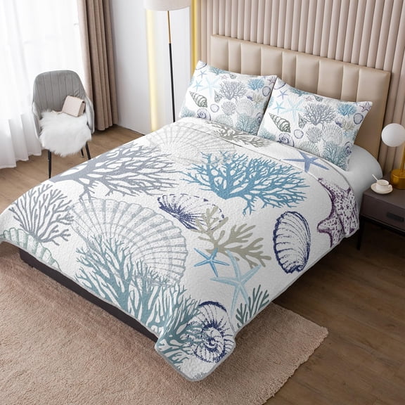 3pcs Queen Size Coastal Quilt Set - Beach Bedding for Summer! Lightweight, Reversible Nautical Bedspread Comforter with Pillow Shams, Soft Microfiber - Ocean Vibes Inside!