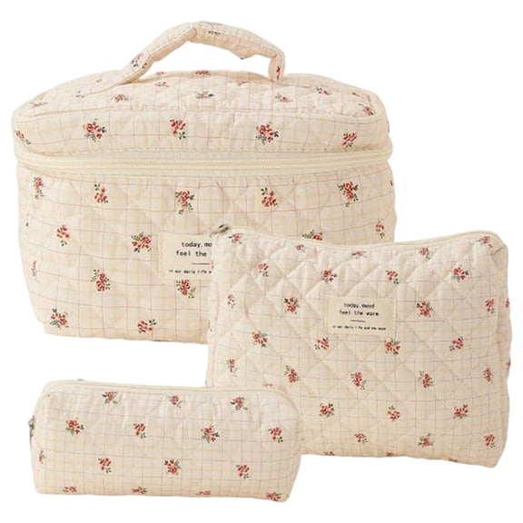 3pcs Quilted Makeup Bag, Boho Floral Travel Storage Bags, Multifunction Toiletry Organizer Pouch, Cosmetic Packing Purse for Short Trip, Vacation, Business Trips