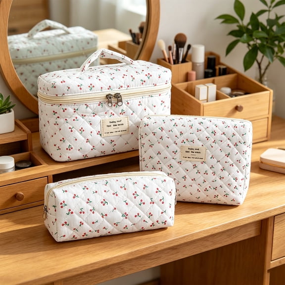 3pcs Quilted Makeup Bag, Boho Floral Travel Storage Bags, Multifunction Toiletry Organizer Pouch, Cosmetic Packing Purse for Short Trip, Vacation, Business Trips