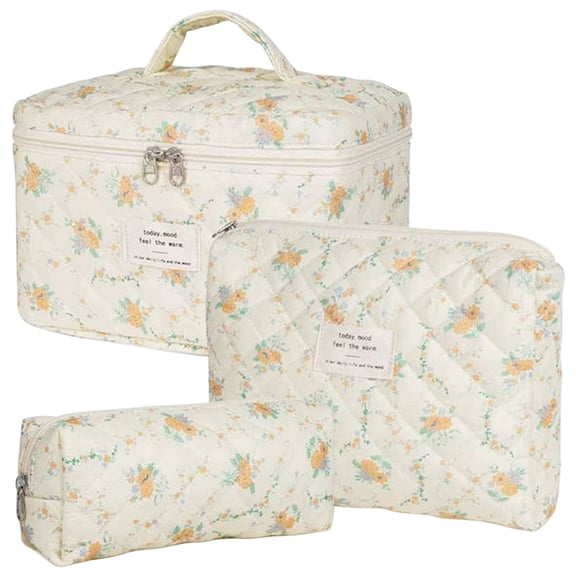 3pcs Quilted Makeup Bag, Boho Floral Travel Storage Bags, Multifunction Toiletry Organizer Pouch, Cosmetic Packing Purse for Short Trip, Vacation, Business Trips