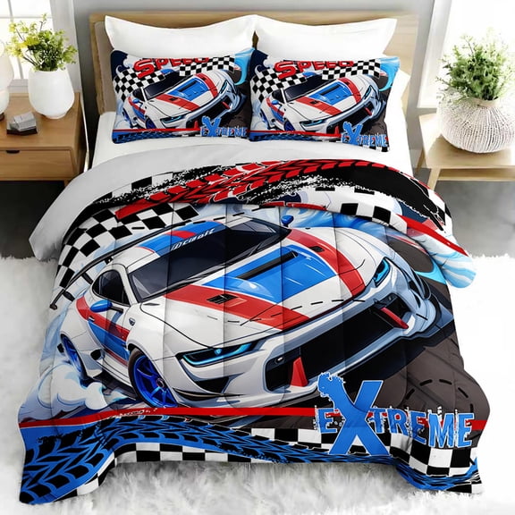 3pcs Racing Car Comforter Set, Extreme Speed Bedding Set for Bedroom or Guest Room Decor, All Seasons Quilt Machine Washable Duvet with 2 Pillowcases