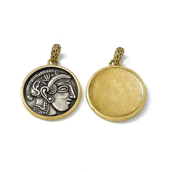 3pcs Rack Plating Brass Pendants Cadmium Free & Lead Free & Nickle Free Flat Round with Greece Coin Charm Antique Silver & Antique Golden 26x23x3mm Hole: 4.5x3mm
