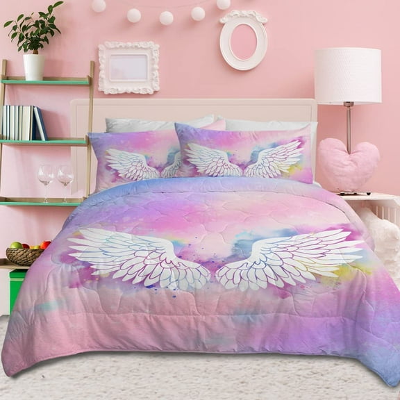 3pcs Rainbow Angel Wings Ultra Soft Bedding Comforter Set cozy Bedding Set Twin