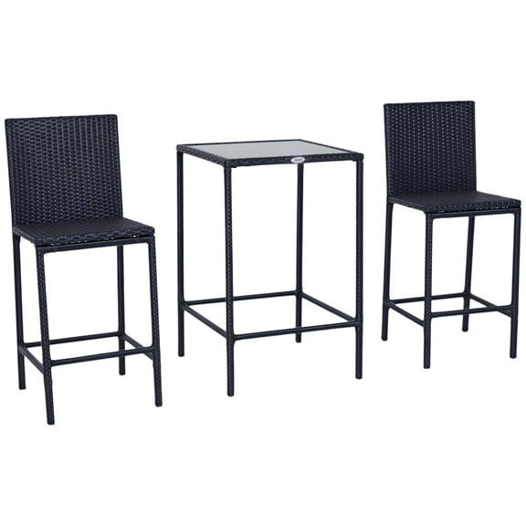 3pcs Rattan Bar Set with Glass Top Table, 2 Bar Stools for Outdoor, Patio, Garden, Poolside, Backyard