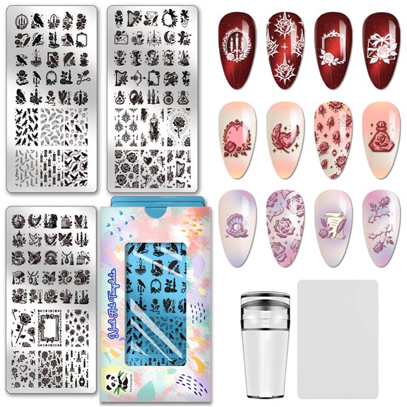 3pcs Raven Rose Nail Stamping Plates Candlestick Feather Nail Art Templates Gothic Style Nails Image Plates Decorative Borders Nails Design Stamp DIY