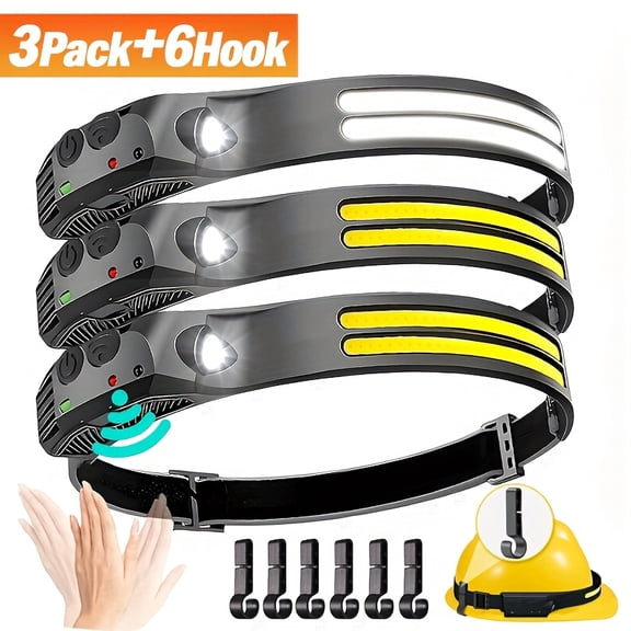 3pcs Rechargeable Headlamp + 6 Hooks Set, 230° Wide Beam, Motion Sensor COB&LED, 5 Modes, Hard Hat Headlight for Work Camping Essentials