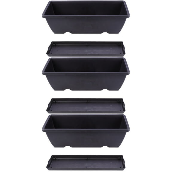 Set of 3 Rectangular Plastic Plant Pots with Drainage Holes and Matching Saucers, Ideal for Indoor and Outdoor Flower Gardening