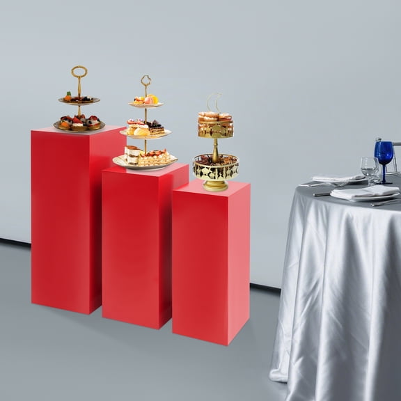 3pcs Red Iron 80/65/60cm Square Display Column Metal Base Nestable High Load-Bearing Display Rack