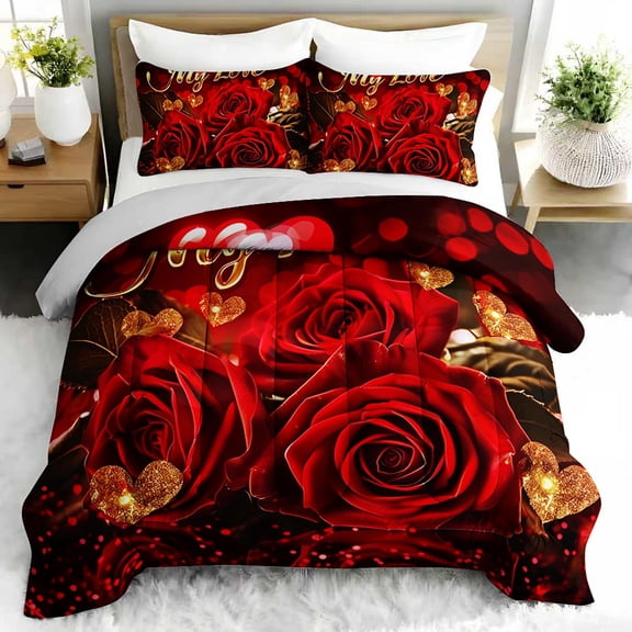 3pcs Red Rose My Love Comforter Set, Romantic Bedding Set for Bedroom or Guest Room Decor, All Seasons Quilt Machine Washable Duvet with 2 Pillowcases