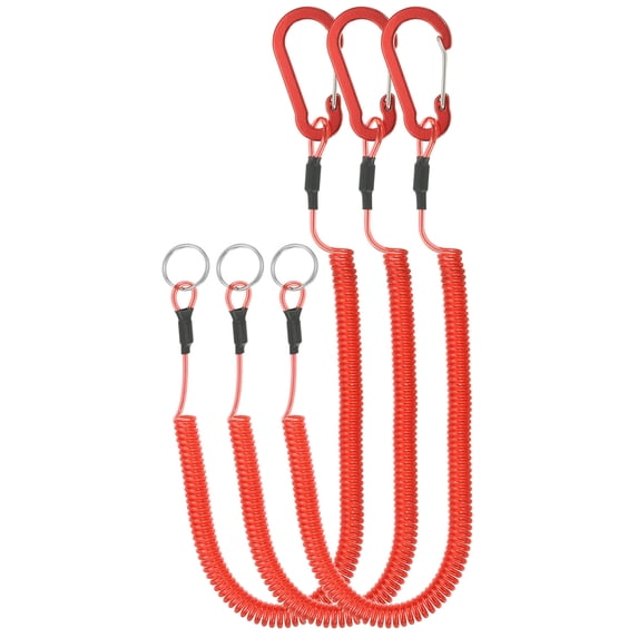 3pcs Retractable Spring Coil Straps, 10" Spiral Lanyard Cord with Aluminium Clip and Key Ring, Red