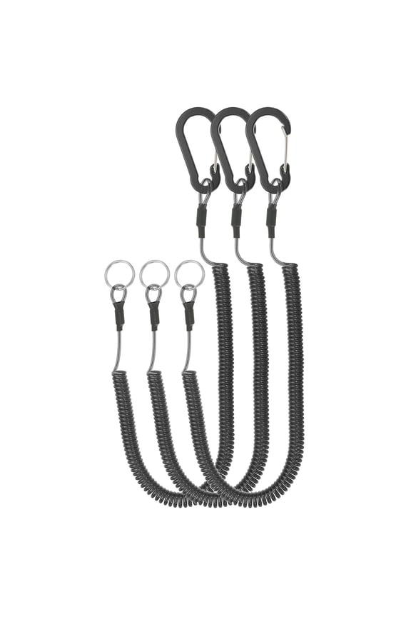 3pcs Retractable Spring Coil Straps, 6" Spiral Lanyard Cord with Aluminium Clip and Key Ring, Black