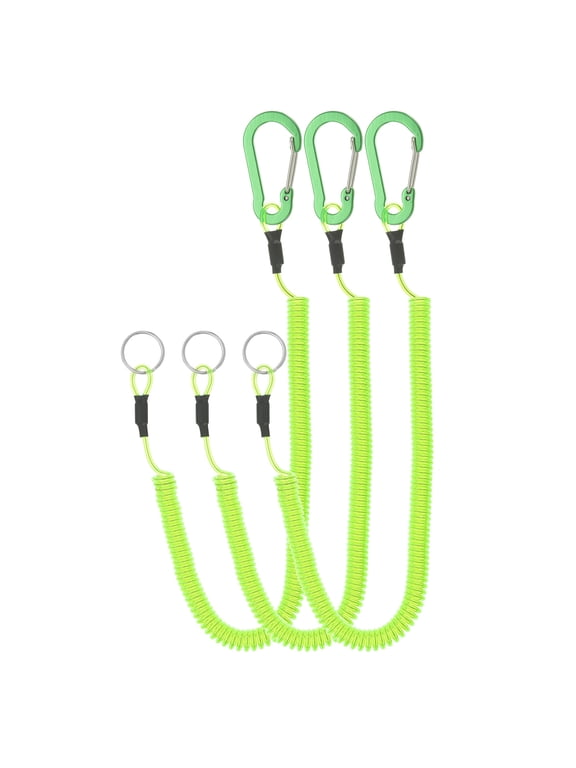 3pcs Retractable Spring Coil Straps, 6" Spiral Lanyard Cord with Aluminium Clip and Key Ring, Green