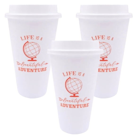 3pcs Reusable Cup with Lid 17oz Life is Beautiful Adventure Design Plastic Coffee Drinking Cups for To-Go Cup Tea Hot Beverages for Home Office Travel Picnic Camping or Everyday Use with Oggetto