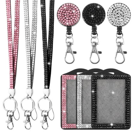 3pcs Rhinestone Bling Lanyard With ID Badge Holder Lanyard For ID Badge Diamond Crystal ID Card Holder Retractable Sparkly Lanyard With Metal Clasp Key Ring For Women