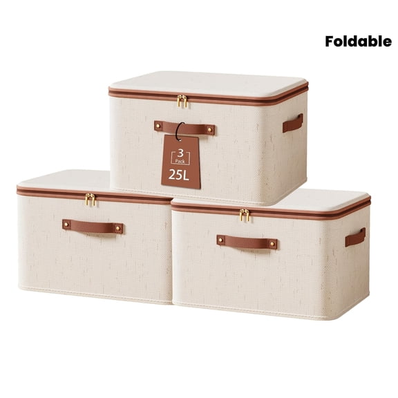 3pcs Rigid Storage Bins With Zipper Lid, Cotton Linen Fabric Storage Boxes, Foldable Shelves Clothes Storage Cubes With Handles For Wardrobe, Closet (Beige, 6.6gal), Under-Bed Storage