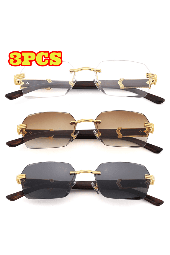 3pcs Rimless Rectangle Sunglasses for Men Women, Retro Square Shade Sun Glasses Tinted Glasses