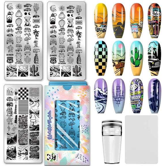 3pcs Road Trip Nail Stamp Plate Adventure Travel Pattern Print Art Template Stainless Steel Nail Image Plate Desert Highway Nails Art Stencils DIY