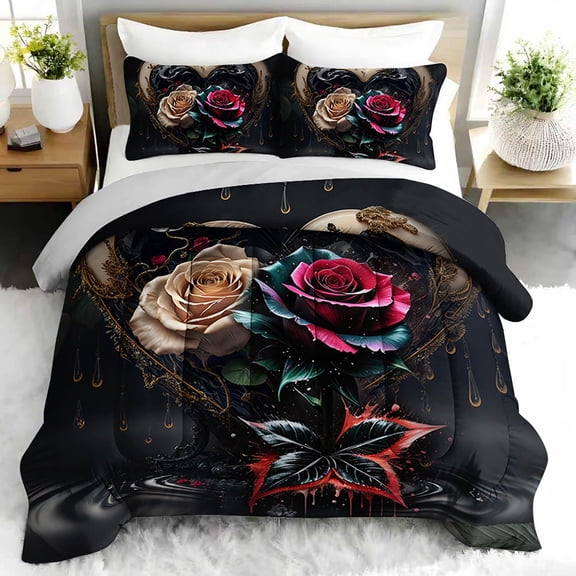 3pcs Romantic Heart Rose Comforter Set, Dark Floral Bedding Set for Bedroom or Guest Room Decor, All Seasons Quilt Machine Washable Duvet with 2 Pillowcases