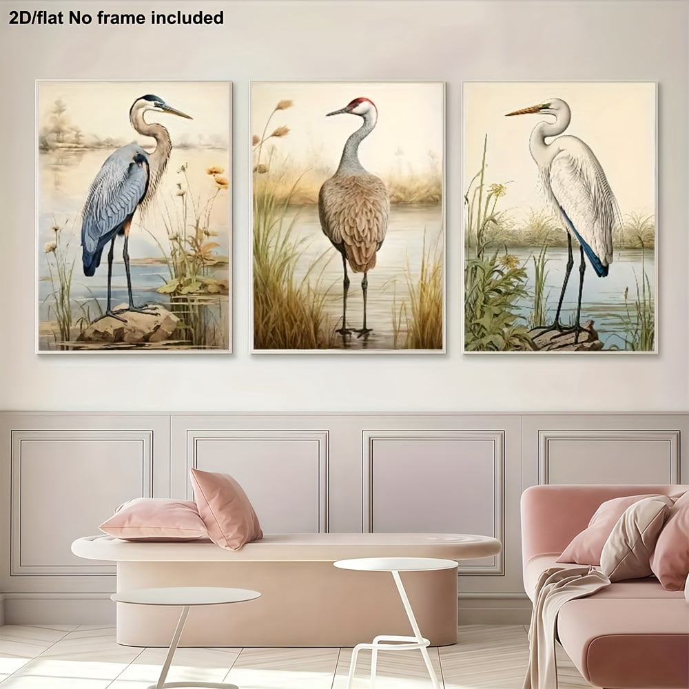 3pcs Room Decor Canvas Art, 2D Frameless Wall Art for Home Decor, Living Room, Bedroom - Coastal Birds Wall Decor, Blue Heron, Great Egret, and Sandhill Crane, Vintage Nature-Inspired Posters, Suita