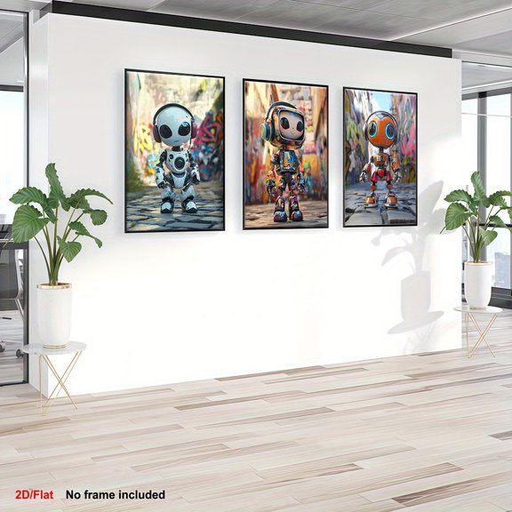 3pcs Room Decorative Paintings, Triptych HD Quality, Charming Robot Canvas Wall Art Set for Home and Office, Frameless Decorative Paintings, 3pcs Set