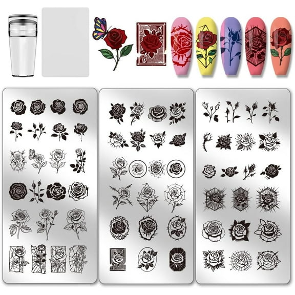 3pcs Rose Flower Pattern Nail Stamp Plate Rose Crack Pattern Print Art Template Stainless Steel Nail Image Plate with Stamper and Scrape for Women DIY Printing 4.7x2.3 inch