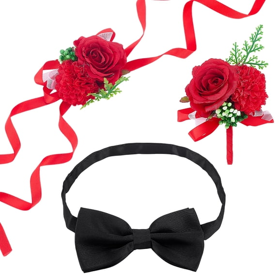3pcs Rose Flower Wrist Corsage Boutonniere Tie Set 3 Styles Handmade Artificial Corsage Set Red Wedding Bride Flower Bracelets