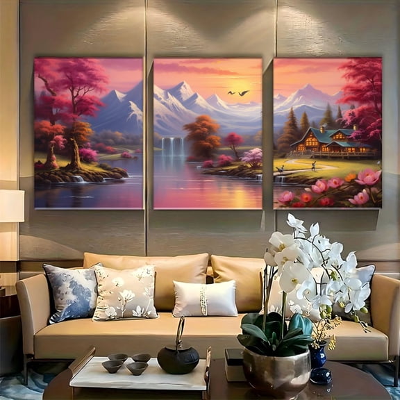3pcs Rustic Canvas Wall Art Set, Vibrant Mountain & Lake Sunset Prints - Frameless High-Quality Decor for Living Room, Bedroom, Office - Classic Contemporary Style, Easy-to-Frame Canvas, Living Room