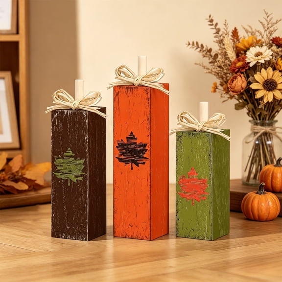 3pcs Rustic Fall Wooden Tabletop Blocks, Distressed Maple Leaf Harvest Tiered Decor, Farmhouse Autumn Decor for Thanksgiving Dinner Table Mantel Counter Shelf Display Home Decoration, A