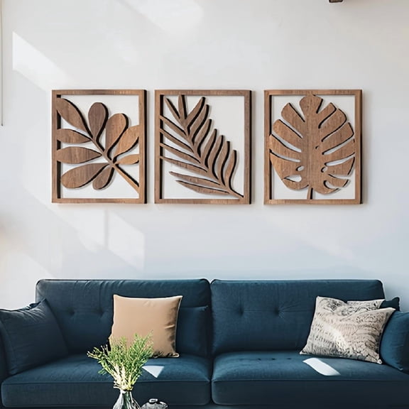 3pcs Rustic Flat Wall Sculptures -Wooden Turtleback Palm Leaves Wall Hanging Decoration, Rectangular Wall Decor Wooden Crafts Home Decor Large Leaf Wall Arts for Living Room, Bedroom and Office Decor