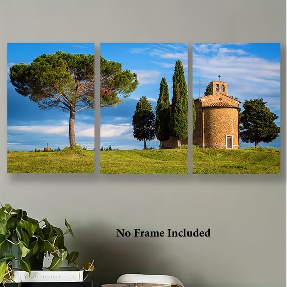 3pcs Rustic Hilltop Stone Church Canvas Art Prints – Unframed, High-Definition Landscape Posters with Lush Greenery & Sunny Sky, Perfect for Home, Office, Bar, Cafe, Classroom, Dorm Decor, and as Ho