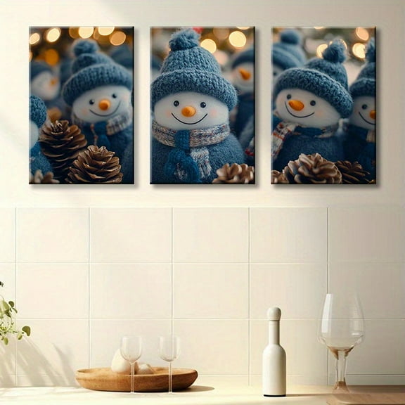 3pcs Rustic Snowman Canvas Wall Art Set - Festive Holiday Decor with Blue Hats, Scarves & Pine Cones, Frameless Farmhouse Style Prints for Living Room & Office, Contemporary Charm, Winter Wonderland