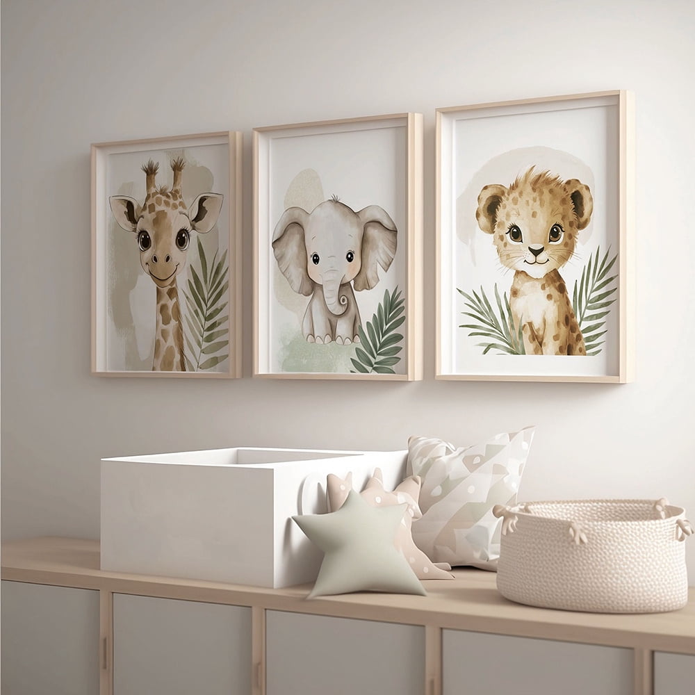 3pcs Safari Jungle Animal Nursery Wall Art Set - Soft Pastel Beige ...