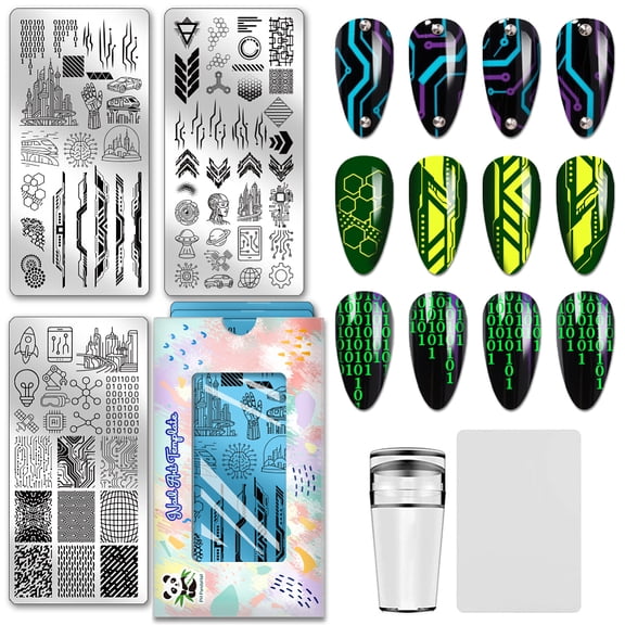 3pcs Sci-Fi Elements Nail Stamping Plates Punk City Nail Art Templates Sci-Fi Circuit Board Manicure Art Stencils Robotic Geometric Nails Design Stamp