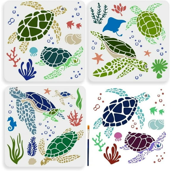 3pcs Sea Turtle Stencil 11.811.8inch Large Sea Creature Stencils with Paint Brush Reusable Coral Conch Seahorse Seaweed Starfish Jellyfish Template Mixed Color