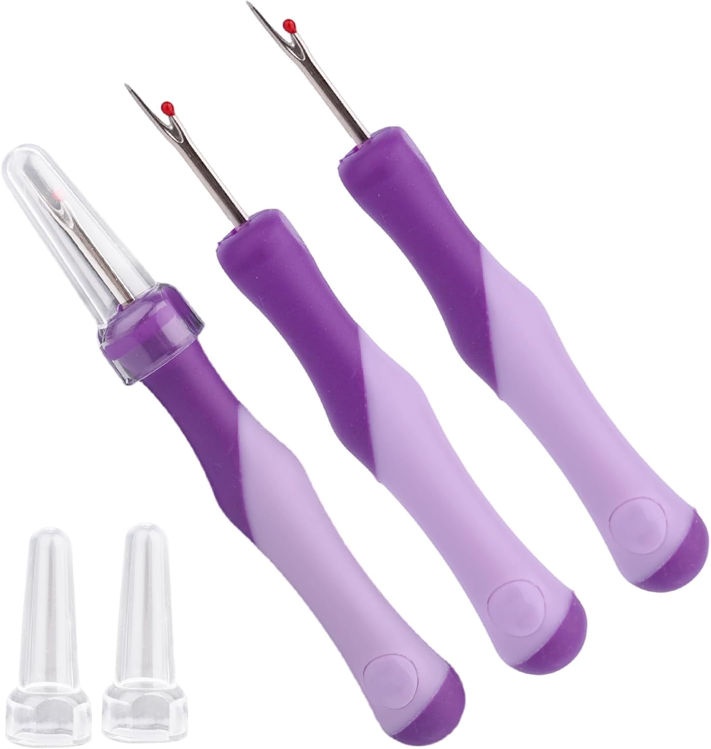 3pcs Seam Ripper, Stitch Remover Tool with Safety Caps and Small Red Ball for Hand Sewing Knitting Cross Stitch Embroidery Thread Removal(Purple)