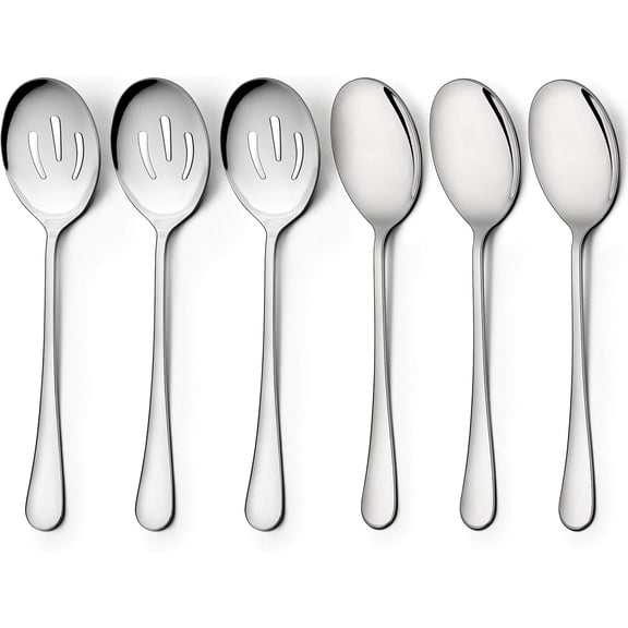 3pcs Serving Spoons and 3pcs Slotted Spoons, 8.6 inches Utility Advanced Performance Skimmer Perforated, Stainless Steel Serving Utensils Set for Buffet Can Banquet Cooking Kitchen
