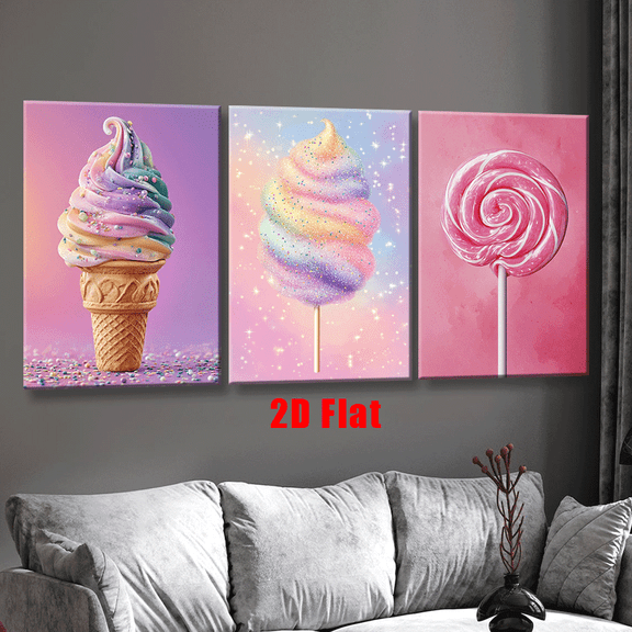 3pcs Set 2D Flat Canvas Paintings – Colorful Dessert Art, Frameless Wall Decor, Classic Fantasy Style, Matte End, Self-Adhesive, Reusable, Ideal for Home, Office, Bedroom, Kitchen, Party, Birthday,