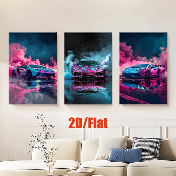 3pcs/Set, 2D/Flat Frameless Canvas Painting, Neon Pink And Blue Interlace Sports Car, Mixed Painting, Living Room, Office Decor, Wall Art, Bedroom, School, Cafe, Abstract, Home Decoration, Perfect B