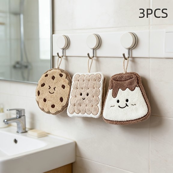 3pcs Set of Adorable Cookie,Biscuit,and Pudding-themed Hanging Hand Towels with Triple-layer Thick Coral Velvet Fabric and Super Cute Biscuit Patterns,Suitable for Bathrooms, Kitchens,and Other Space