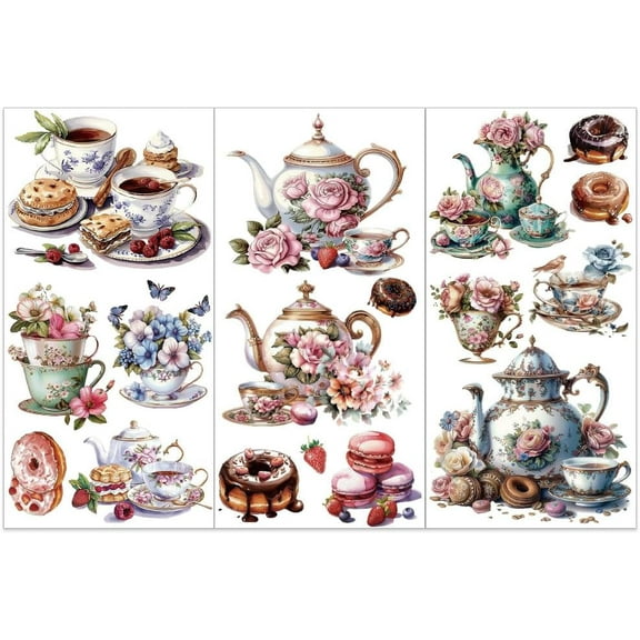 3pcs/Set Afternoon Tea Rub on Transfers for Furniture and Crafts 6x12 inch Tea Set Decor Transfer Stickers Doughnut Rub on Decals for Wood Furniture Scrapbooking Home Decorations