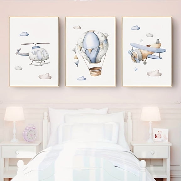 3pcs Set of Aircraft Cartoon Canvas Painting Helicopter Airplane Hot Air Balloon Kindergarten Wall Art Print Poster Nordic Picture Room Decoration Frameless