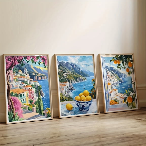 3pcs/ Set Amalfi Coast Painting Wall Art, Colorful Summer Mediterranean Print Set of 3, Italian Coast Landscape Poster, Travel Season Holiday Coast Decoration Oil Painting Print, Unframed