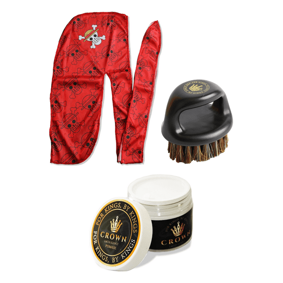 3pcs Set Anime Durag Boar Bristle Hair Brush 360 Wave Pomade - Styling Smoothing Brush Satin Silk Durag (RSKULL)