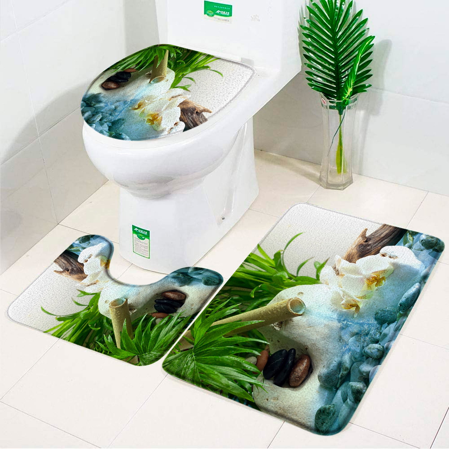 3pcs Set Bamboo Bath Mat Orchid Zen Stone Decor Flannel Antislip