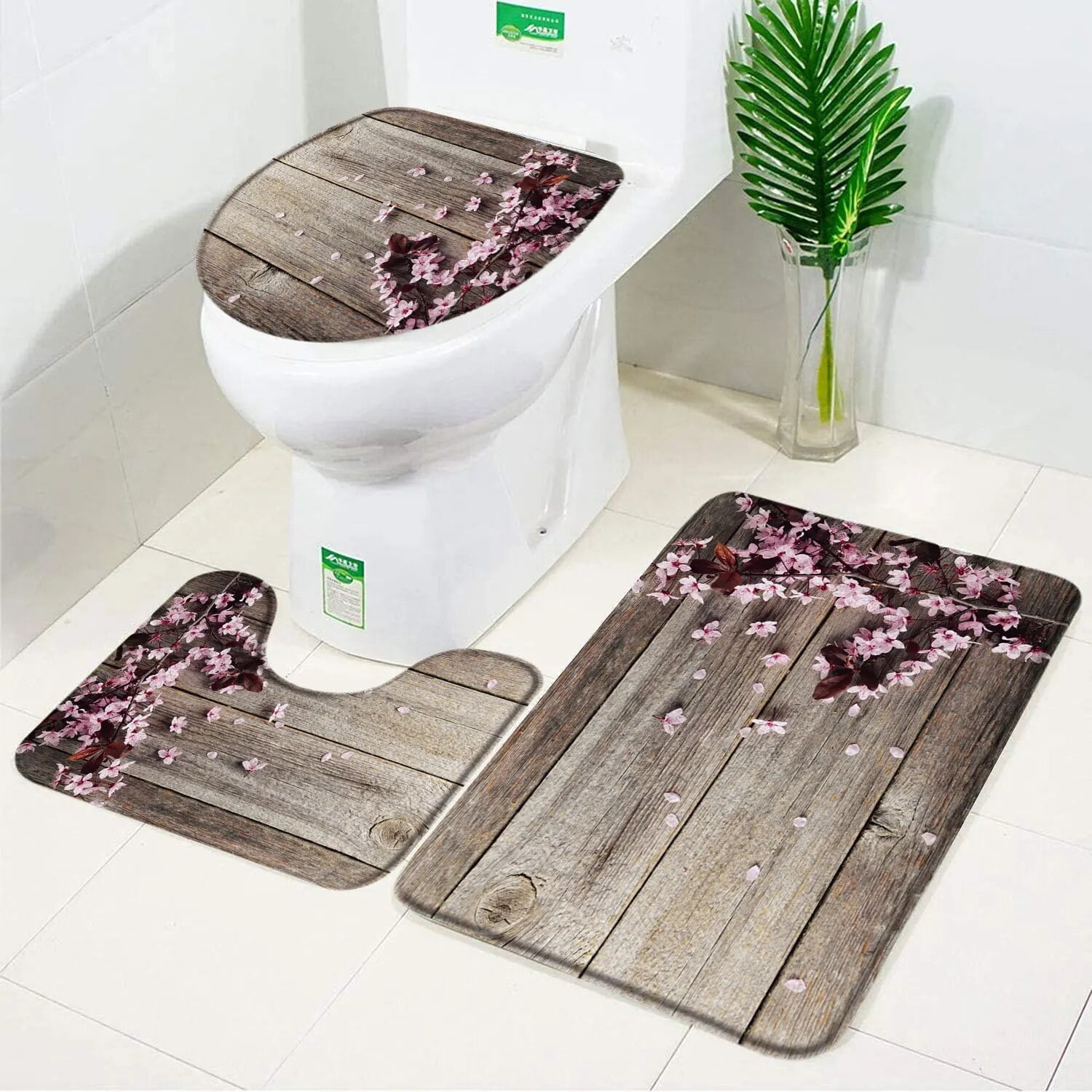 3pcs Set Bamboo Bath Mat Pebble Leaves Elegant Flannel Anti Slip ...