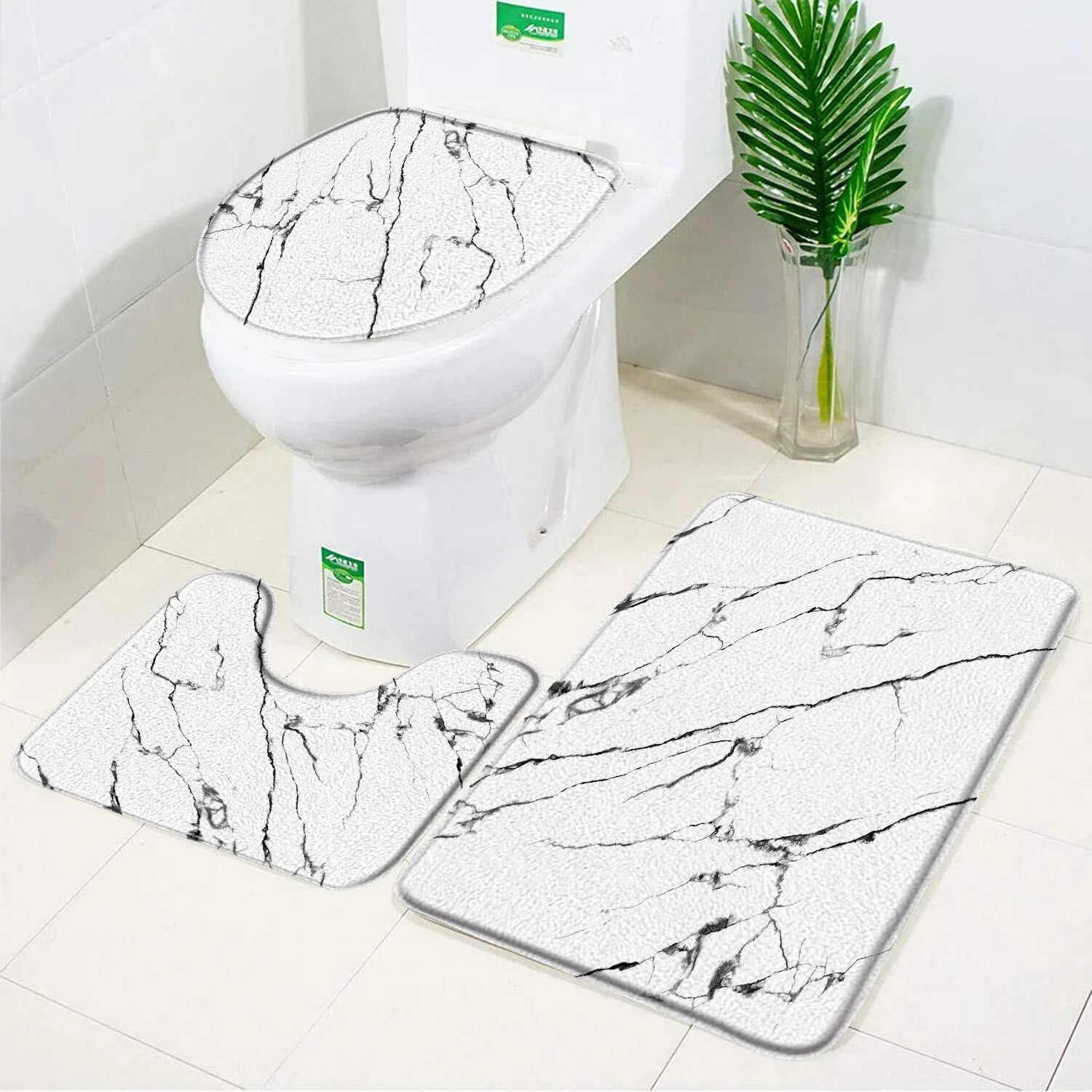 3pcs Set Black Marble Bath Mat Bathroom Rugs Anti Slip Absorbent Shower
